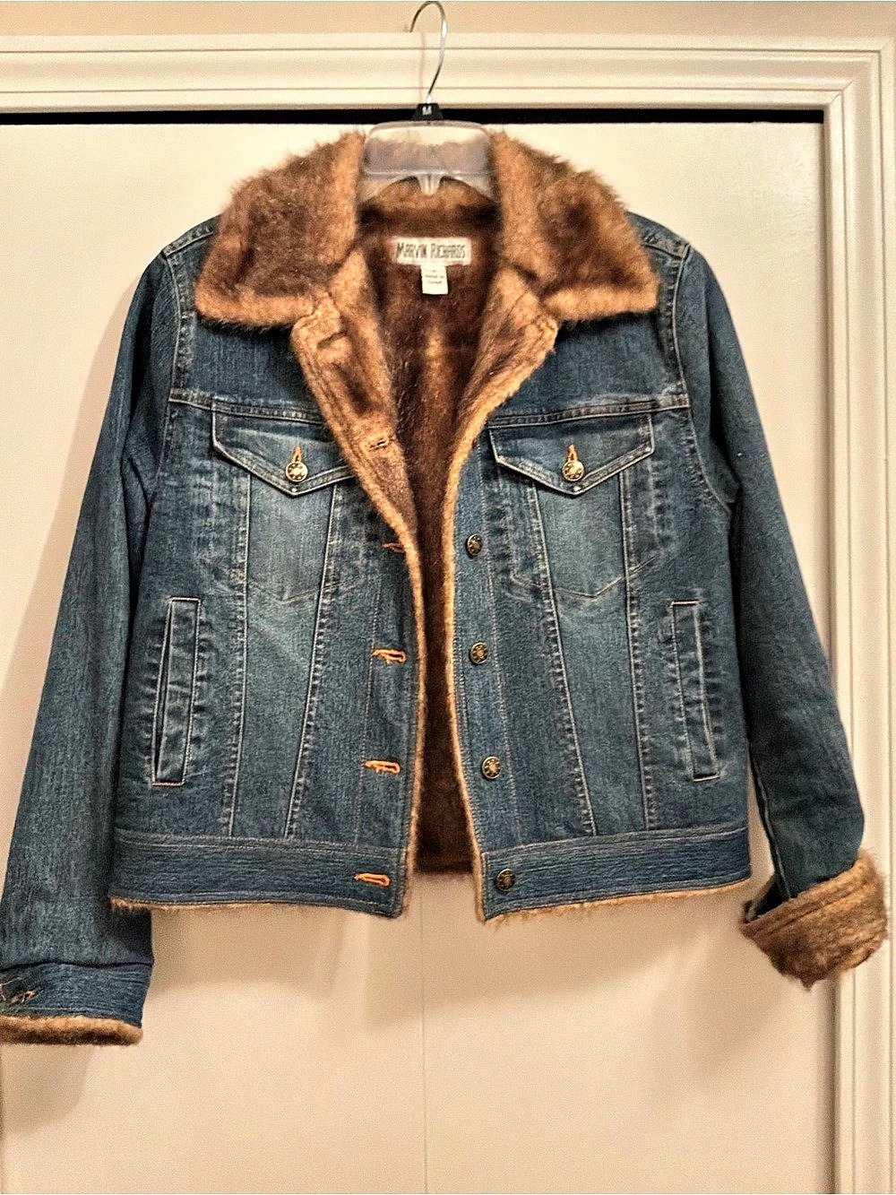 VINTAGE Marvin Richards Faux Fur Lined Denim Jacket Blue & Brown